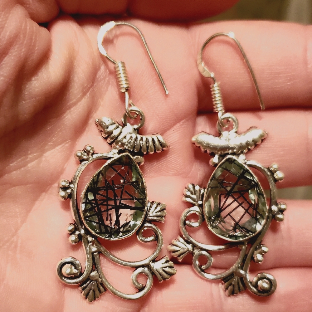New Black Rutile Quartz 925 Silver Statement Earrings.